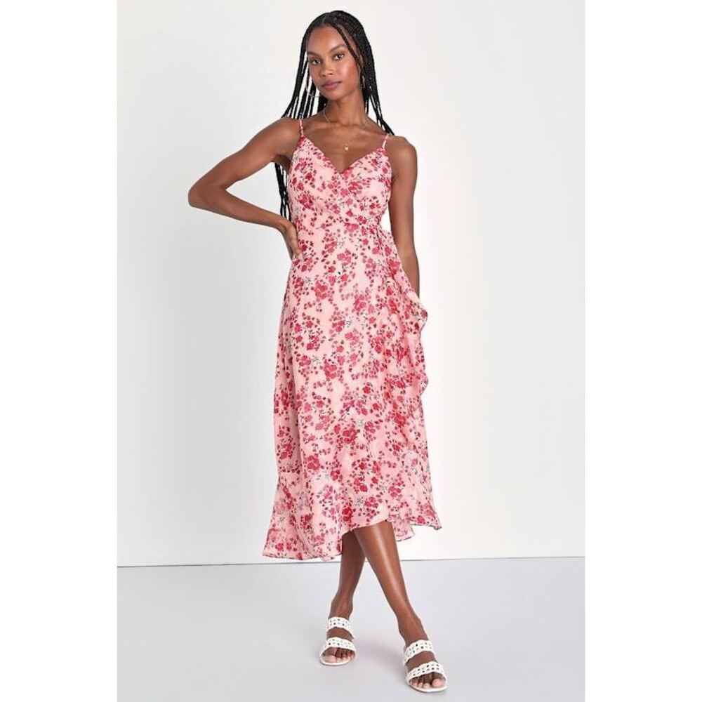 Lulus Sunshine And Sweetness Pink Floral Jacquard Wrap Midi Dress- Size XL (NWT)